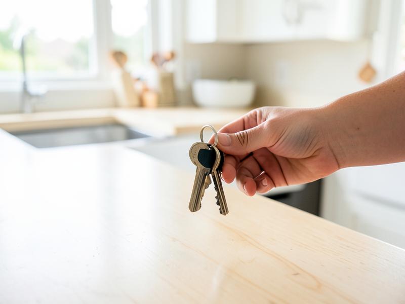 House keys held above a bright kitchen bench