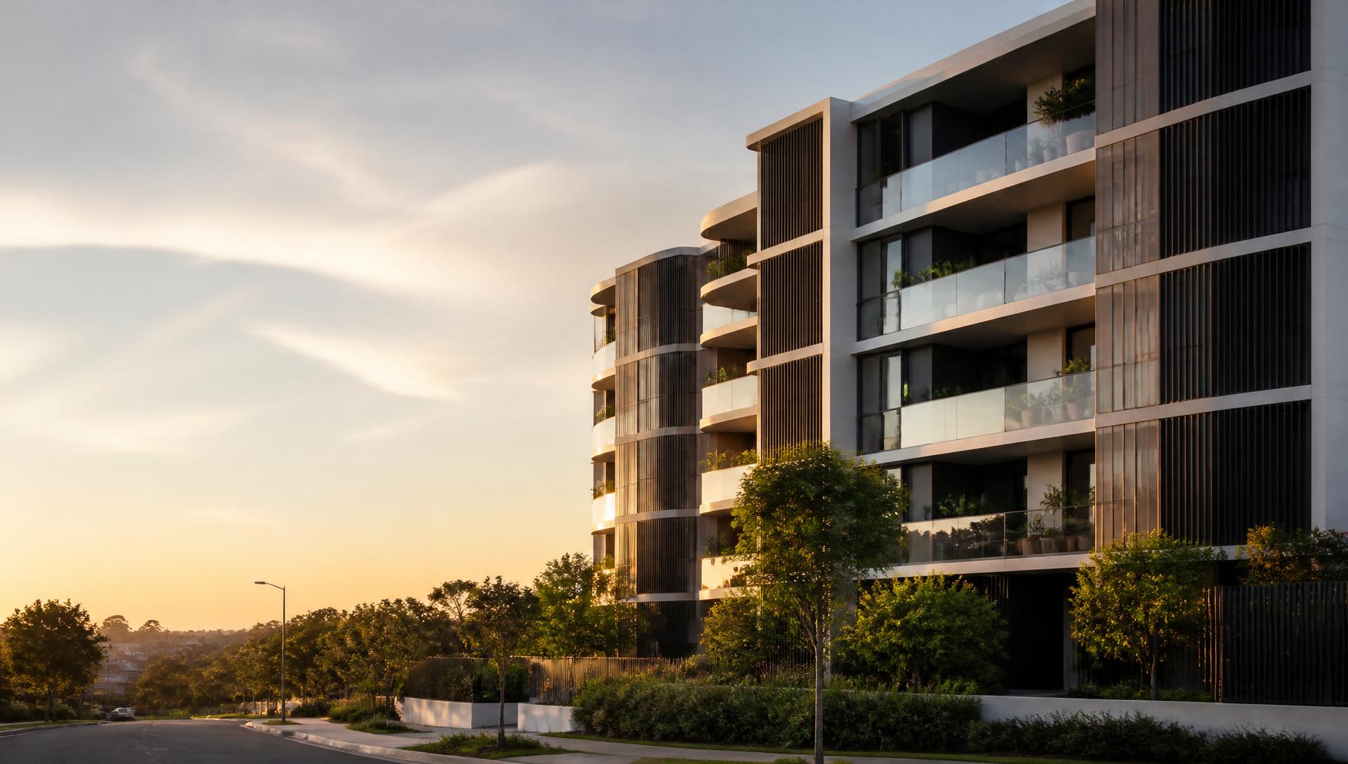 Modern apartment complex at golden hour