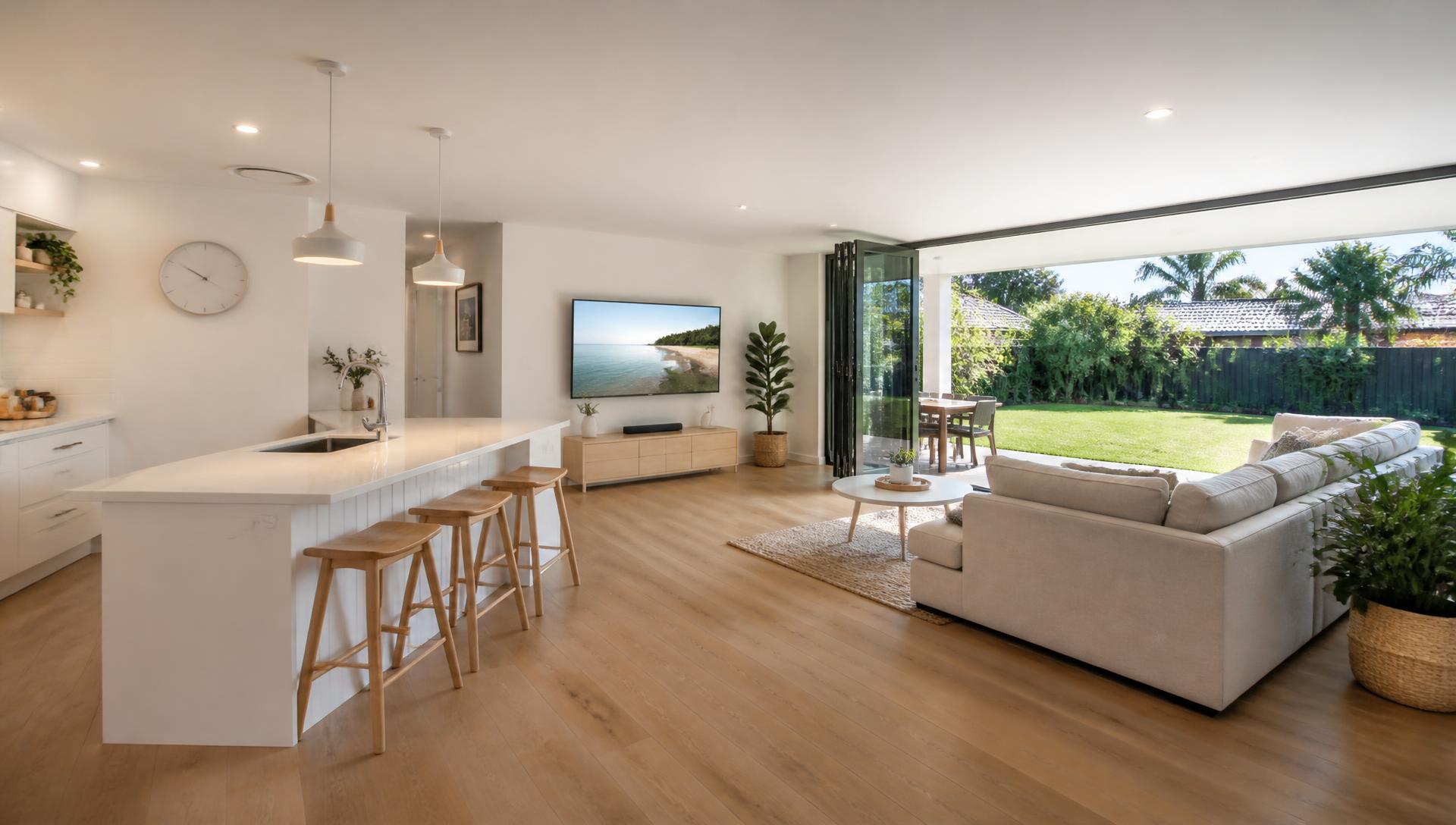 Open plan living area with bi-folding doors to the garden